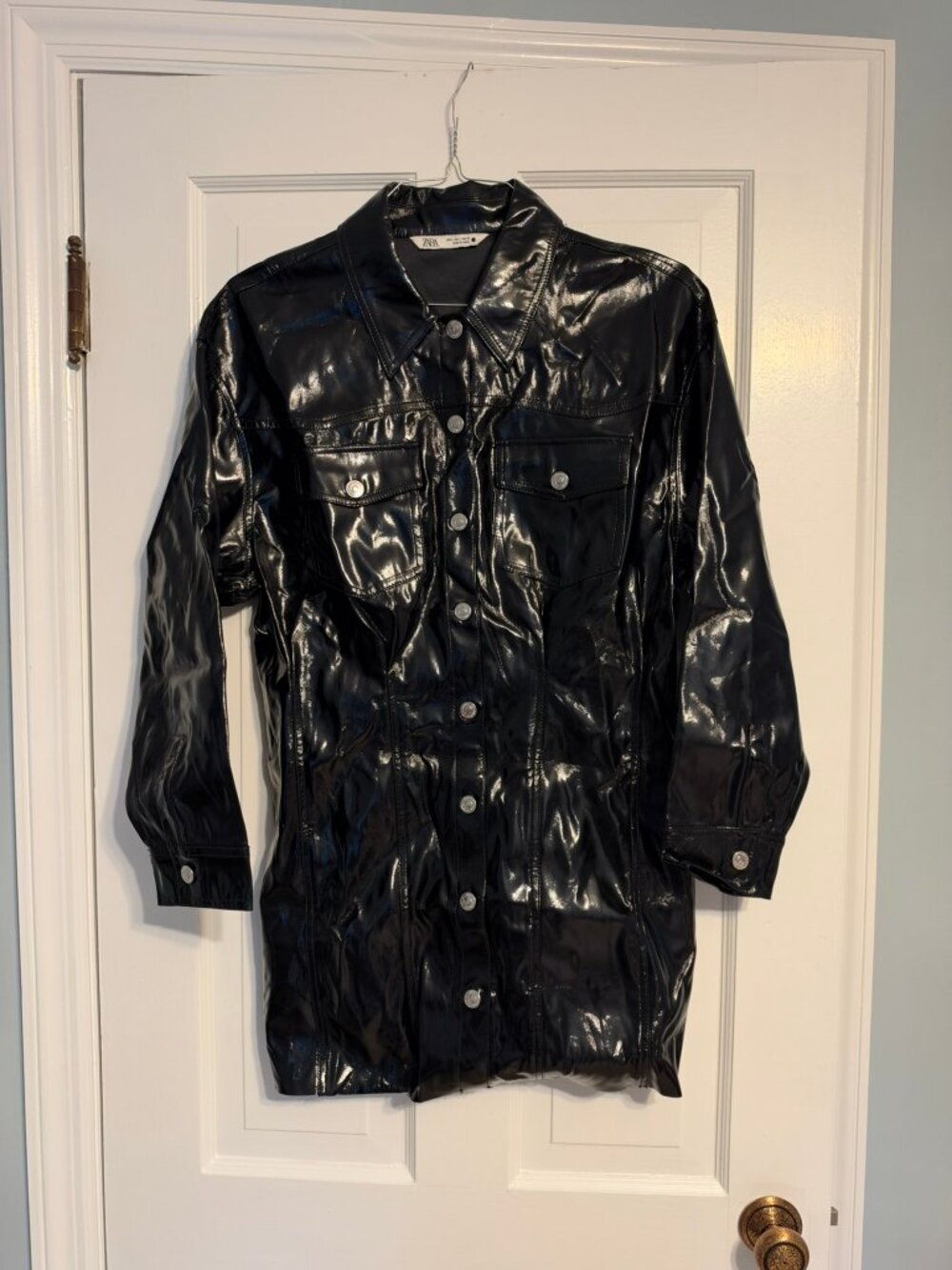 Zara Vinyl Dress - Size Large  Silver buttons up front on dress and on sleeve cu